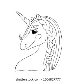 Black line Unicorn for coloring book or page. Cute Unicorn.