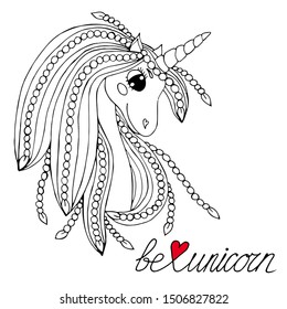 Black line Unicorn for coloring book or page. Cute Unicorn.
