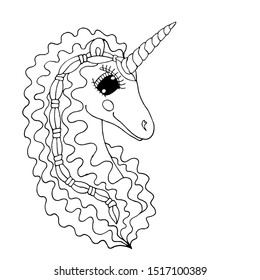 Black line Unicorn for coloring book or page. Cute Unicorn. Nursery coloring unicorn.