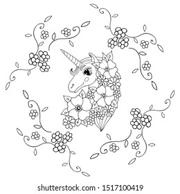 Black line Unicorn for coloring book or page. Cute Unicorn. Nursery coloring unicorn.