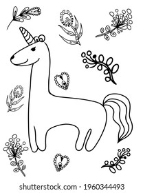Black line Unicorn for coloring book or page. Cute Unicorn. Isolated line unicorn