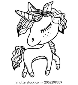 Black line Unicorn for coloring book or page. Cute Unicorn. Isolated line unicorn