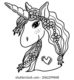 Black line Unicorn for coloring book or page. Cute Unicorn. Isolated line unicorn