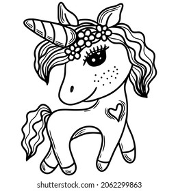 Black line Unicorn for coloring book or page. Cute Unicorn. Isolated line unicorn