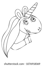 Black line Unicorn isolated on the white background. Magical animal. Coloring book pages for adults and kids for wedding invitation card, ticket, branding, label.