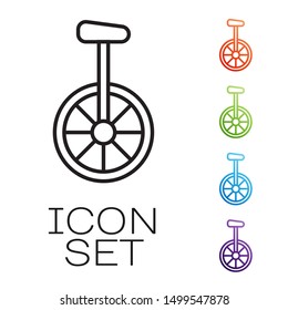 Black line Unicycle or one wheel bicycle icon isolated on white background. Monowheel bicycle. Set icons colorful. Vector Illustration