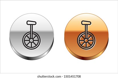 Black line Unicycle or one wheel bicycle icon isolated on white background. Monowheel bicycle. Silver-gold circle button. Vector Illustration