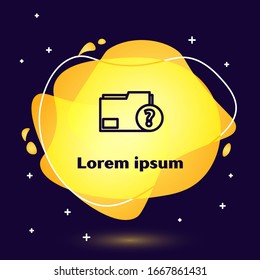 Black line Unknown document folder icon isolated on blue background. File with Question mark. Hold report, service and global search sign. Abstract banner with liquid shapes. Vector Illustration