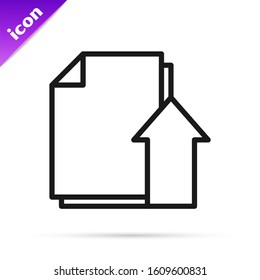Black line Upload file document icon isolated on white background. Document arrow.  Vector Illustration