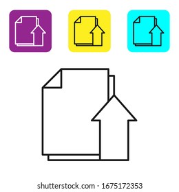 Icono de documento de archivo de la línea negra Cargar aislado en fondo blanco. Flecha de documento. Defina los iconos con los botones cuadrados coloridos.  Ilustración vectorial