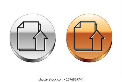 Black line Upload file document icon isolated on white background. Document arrow. Silver-gold circle button. Vector Illustration