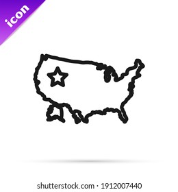 Black line USA map icon isolated on white background. Map of the United States of America.  Vector