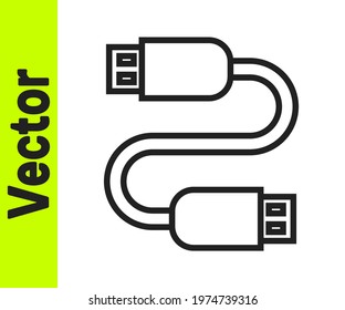 Black line USB cable cord icon isolated on white background. Connectors and sockets for PC and mobile devices.  Vector