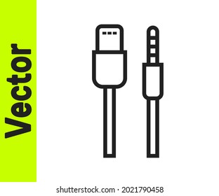 Black line USB cable cord icon isolated on white background. Connectors and sockets for PC and mobile devices.  Vector