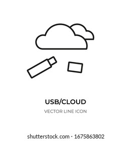 Iconos de nube usb de línea negra. Información de almacenamiento de tecnología de herramientas digitales de señalización gráfica lineal. Diseño de logotipo para sitio web, aplicación, ui. Datos de transferencia de formas simples. Aislado en ilustración vectorial blanca