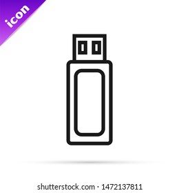 Black line USB flash drive icon isolated on white background.  Vector Illustration