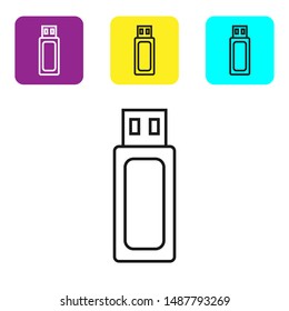 Black line USB flash drive icon isolated on white background. Set icons colorful square buttons. Vector Illustration