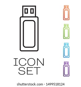 Black line USB flash drive icon isolated on white background. Set icons colorful. Vector Illustration