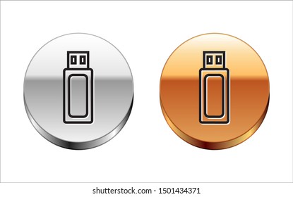 Black line USB flash drive icon isolated on white background. Silver-gold circle button. Vector Illustration