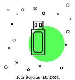 Black line USB flash drive icon isolated on white background.  Vector Illustration