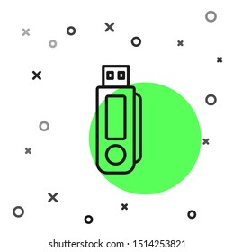 Black line USB flash drive icon isolated on white background.  Vector Illustration