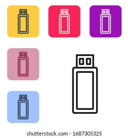 Black line USB flash drive icon isolated on white background. Set icons in color square buttons. Vector Illustration