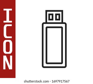 Black line USB flash drive icon isolated on white background.  Vector Illustration