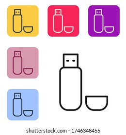 Icono de la unidad flash USB de línea negra aislado en fondo blanco. Establezca iconos en los botones cuadrados de color. Ilustración vectorial