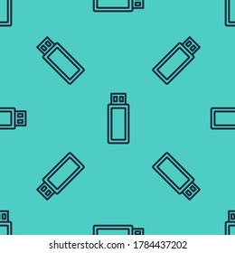 Icono de la unidad flash USB de línea negra aislado con un patrón transparente en fondo verde.  Ilustración vectorial