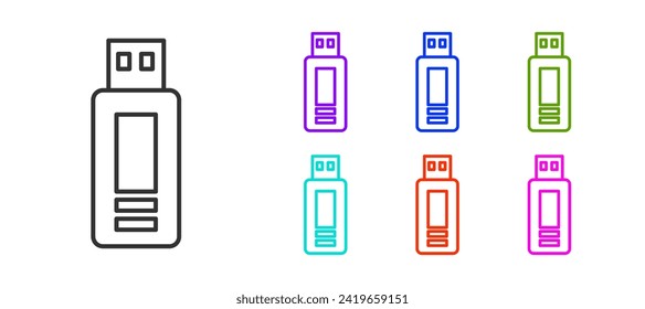 Icono de la unidad flash USB de línea negra aislado en fondo blanco. Indique los iconos en colores. Vector