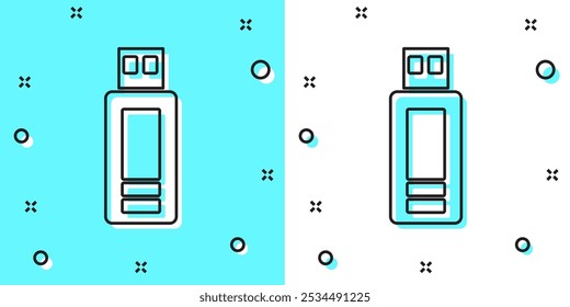Linha preta ícone da unidade flash USB isolado no fundo verde e branco. Formas dinâmicas aleatórias. Vetor