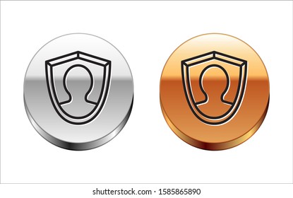 Black line User protection icon isolated on white background. Secure user login, password protected, personal data protection, authentication. Silver-gold circle button. Vector Illustration