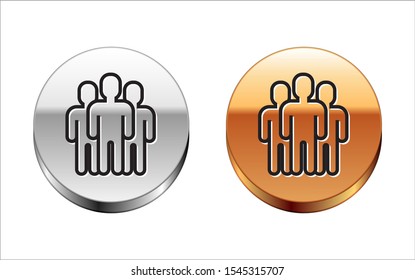 Black line Users group icon isolated on white background. Group of people icon. Business avatar symbol users profile icon. Silver-gold circle button. Vector Illustration