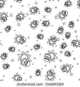 Black line UV protection icon isolated seamless pattern on white background. Sun and shield. Ultra violet rays radiation. SPF sun sign.  Vector Illustration