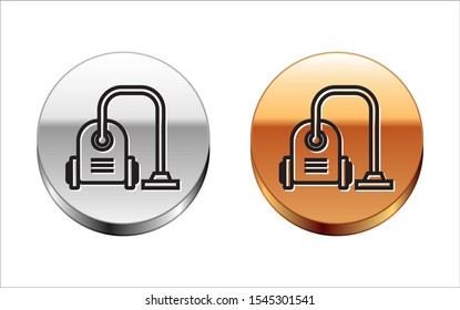 Black line Vacuum cleaner icon isolated on white background. Silver-gold circle button. Vector Illustration