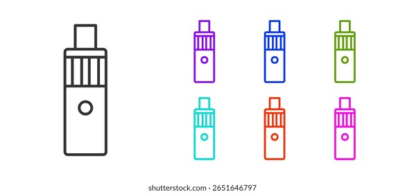 Linha preta Vape mod ícone do dispositivo isolado no fundo branco. Ferramenta de fumaça de fita. Dispositivo Vaporizador. Defina os ícones com cores. Vetor