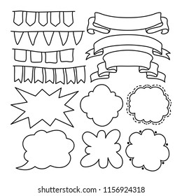 Black line vector banners, ribbons and text bubble on white background. Outlined ribbon banner isolated. Doodle or cartoon text bubbles. Seamless flag ribbon. Child birthday flag banner brush swatch