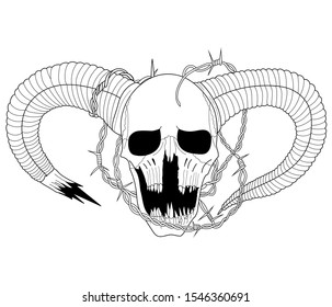 Black line vector demon skull with horns and barbed wire isolated on white background. Hand drawn tattoo skull sketch