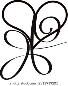 Black line vector drawing of a Sanskrit Symbol for Unconditional love flowing into a heart