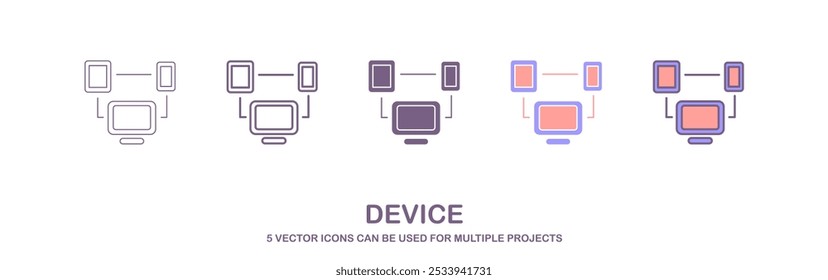 Schwarzes Vektorsymbol, das ein Netzwerk verbundener Geräte, einschließlich eines Computerbildschirms und eines Tablets oder Smartphones, darstellt. Ideal für die Darstellung von Konzepten der Gerätekonnektivität, Gadget-Gadget-Gerät.