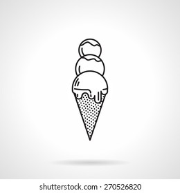 Black line vector icon for ice cream with three topping balls in cone waffle on white background.