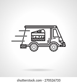 Black line vector icon for moving car with piece of cake sign for food delivery on white background.