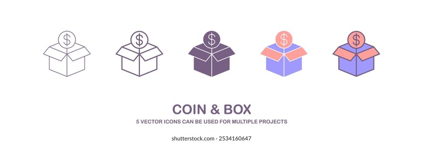 Black line vector icon of an open box with a dollar symbol on top, representing concepts of financial packages, pricing, value, or economic transactions.