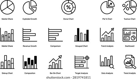 Black line vector icon set of financial data analytics featuring market share pie charts business revenue growth graphs and statistics dashboard symbols