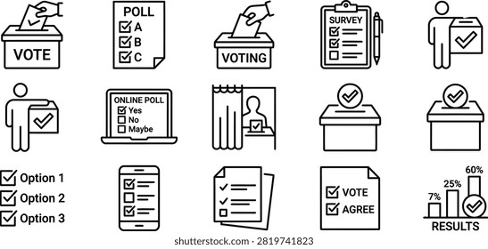 Black line vector icon set of election polling featuring democratic voting ballot box online questionnaire forms and results statistics symbols