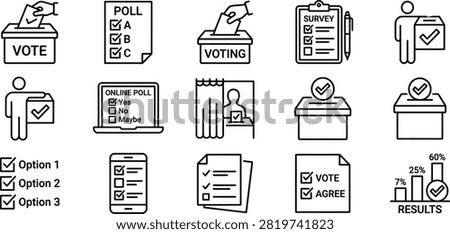 Black line vector icon set of election polling featuring democratic voting ballot box online questionnaire forms and results statistics symbols