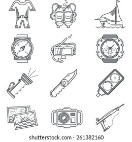 Black line vector icon for snorkeling. Set of flat black line vector icons for diving and snorkeling on white background.