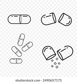 Black line vector icons of pills and drug for medicine pharmacy. Pill silhouette icon.