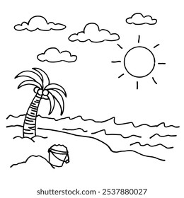 schwarze Linie, Vektorgrafik der Strandlandschaft, geeignet zum Färben von Buch, Naturinhalt, Urlaub