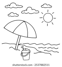 black line vector illustration of beach scenery suitable for coloring book, nature content, vacation